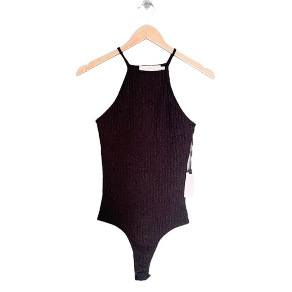 NWT ASTR Bodysuit High Halter Neck Black Soft Ribbed Knit One Piece Size Medium